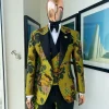 A Light Olive Green, Emerald, Orange, Black Mix Metallic Jacquard, Peak Lapel Tuxedo Suit