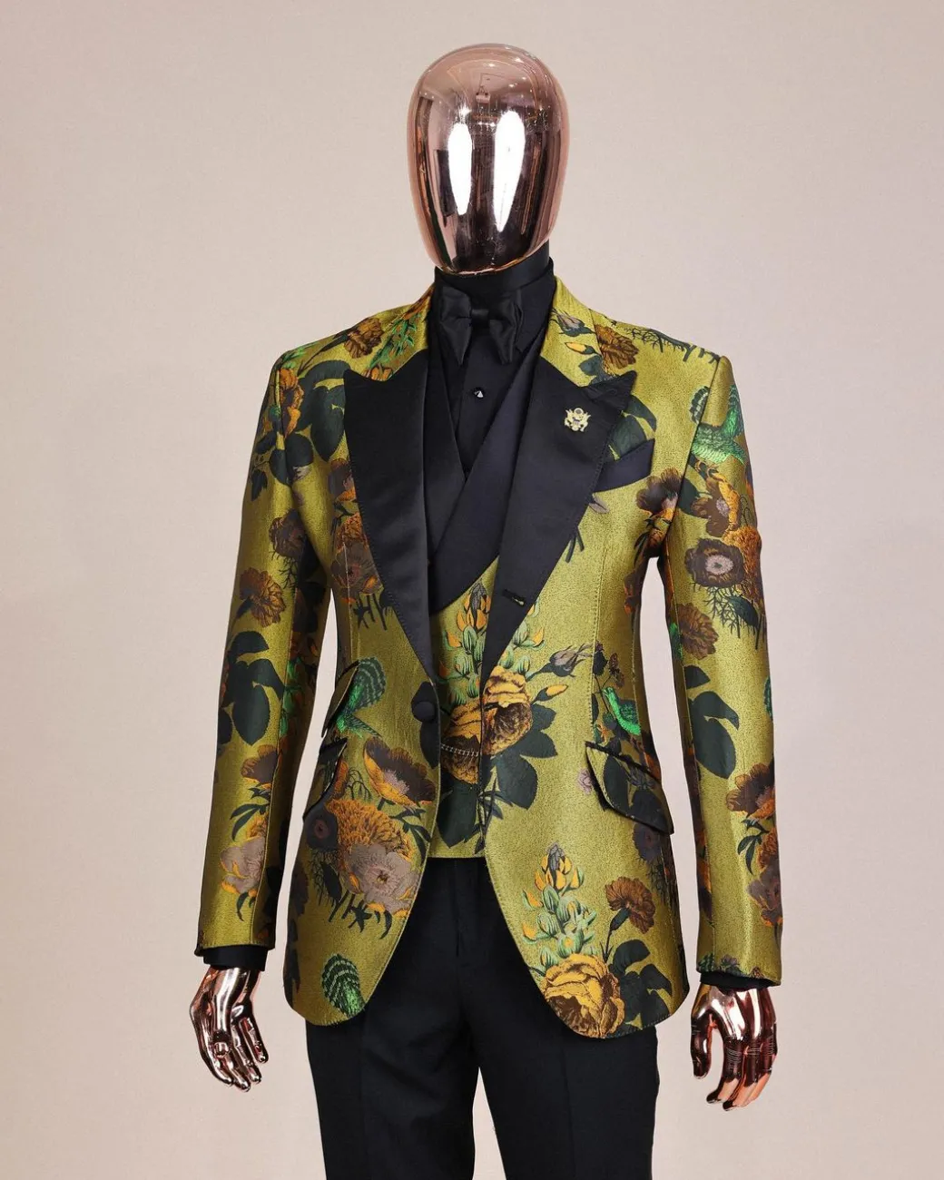 A Light Olive Green, Emerald, Orange, Black Mix Metallic Jacquard, Peak Lapel Tuxedo Suit