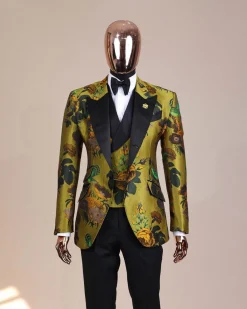 A Light Olive Green, Emerald, Orange, Black Mix Metallic Jacquard, Peak Lapel Tuxedo Suit