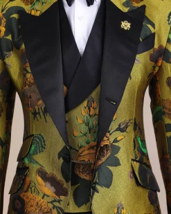 A Light Olive Green, Emerald, Orange, Black Mix Metallic Jacquard, Peak Lapel Tuxedo Suit