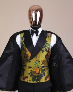 A Light Olive Green, Emerald, Orange, Black Mix Metallic Jacquard, Peak Lapel Tuxedo Suit