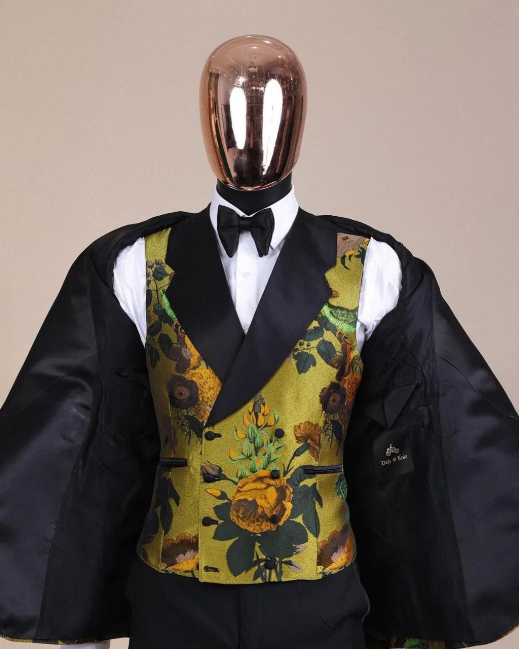 A Light Olive Green, Emerald, Orange, Black Mix Metallic Jacquard, Peak Lapel Tuxedo Suit