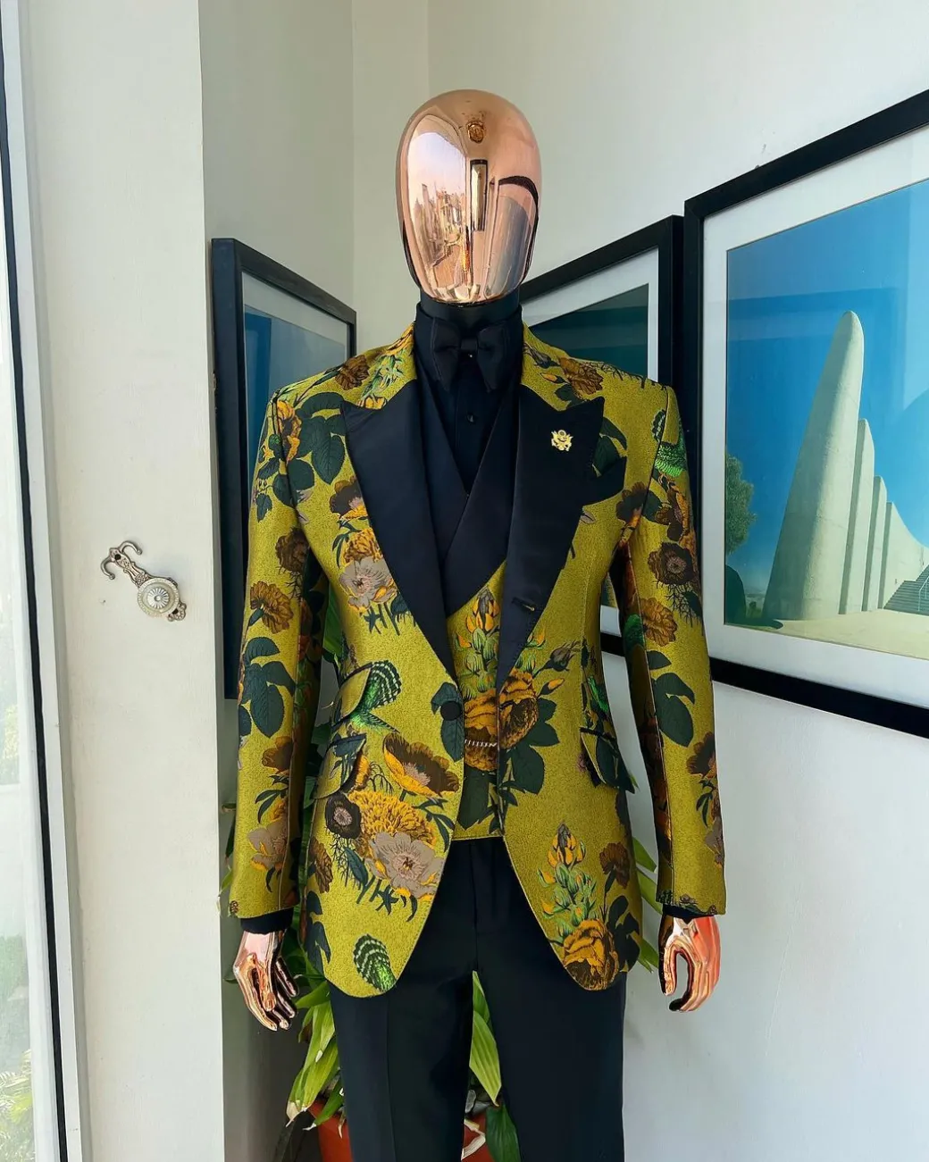 A Light Olive Green, Emerald, Orange, Black Mix Metallic Jacquard, Peak Lapel Tuxedo Suit