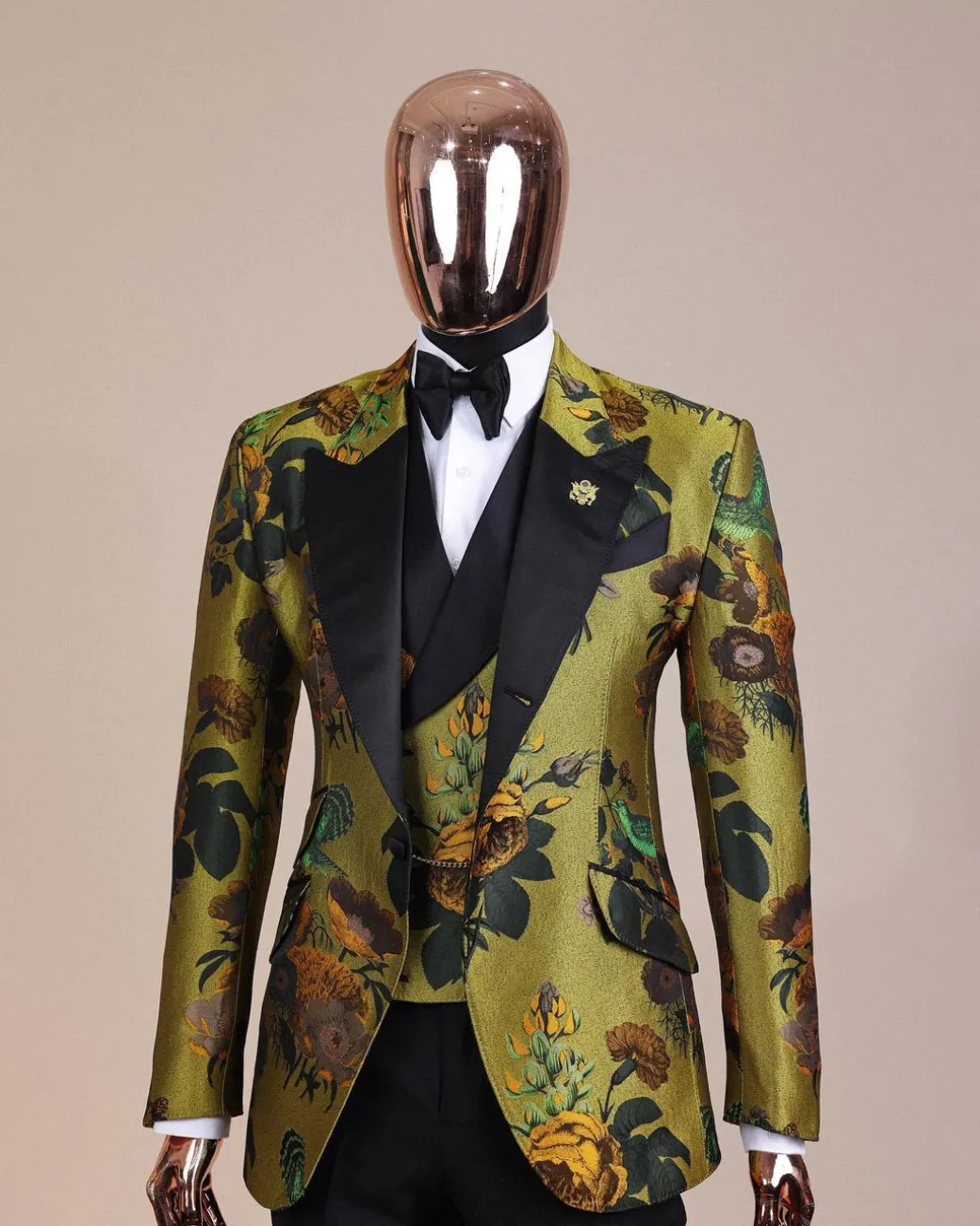 A Light Olive Green, Emerald, Orange, Black Mix Metallic Jacquard, Peak Lapel Tuxedo Suit
