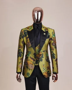 A Light Olive Green, Emerald, Orange, Black Mix Metallic Jacquard, Peak Lapel Tuxedo Suit