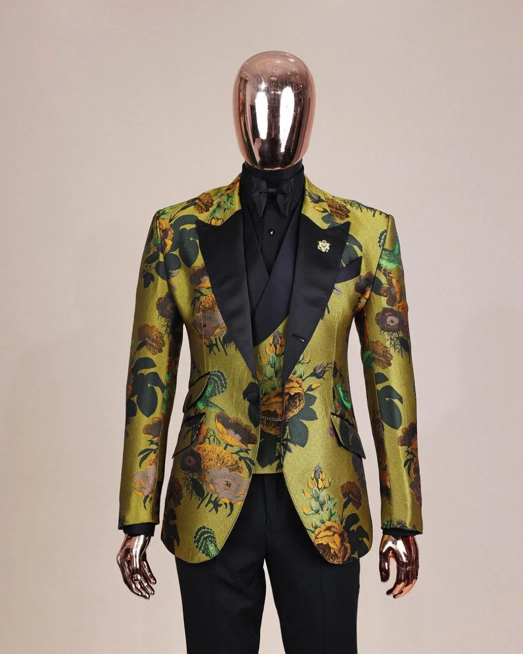 A Light Olive Green, Emerald, Orange, Black Mix Metallic Jacquard, Peak Lapel Tuxedo Suit