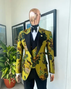 A Light Olive Green, Emerald, Orange, Black Mix Metallic Jacquard, Peak Lapel Tuxedo Suit