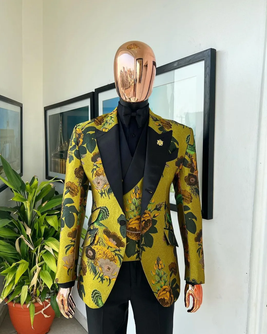 A Light Olive Green, Emerald, Orange, Black Mix Metallic Jacquard, Peak Lapel Tuxedo Suit