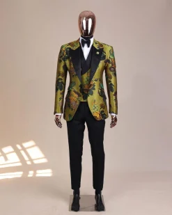 A Light Olive Green, Emerald, Orange, Black Mix Metallic Jacquard, Peak Lapel Tuxedo Suit