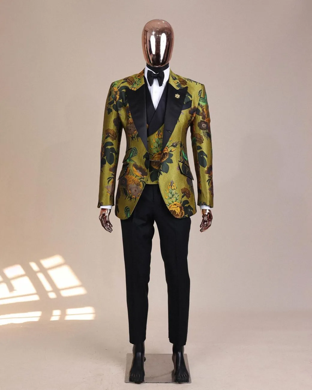 A Light Olive Green, Emerald, Orange, Black Mix Metallic Jacquard, Peak Lapel Tuxedo Suit