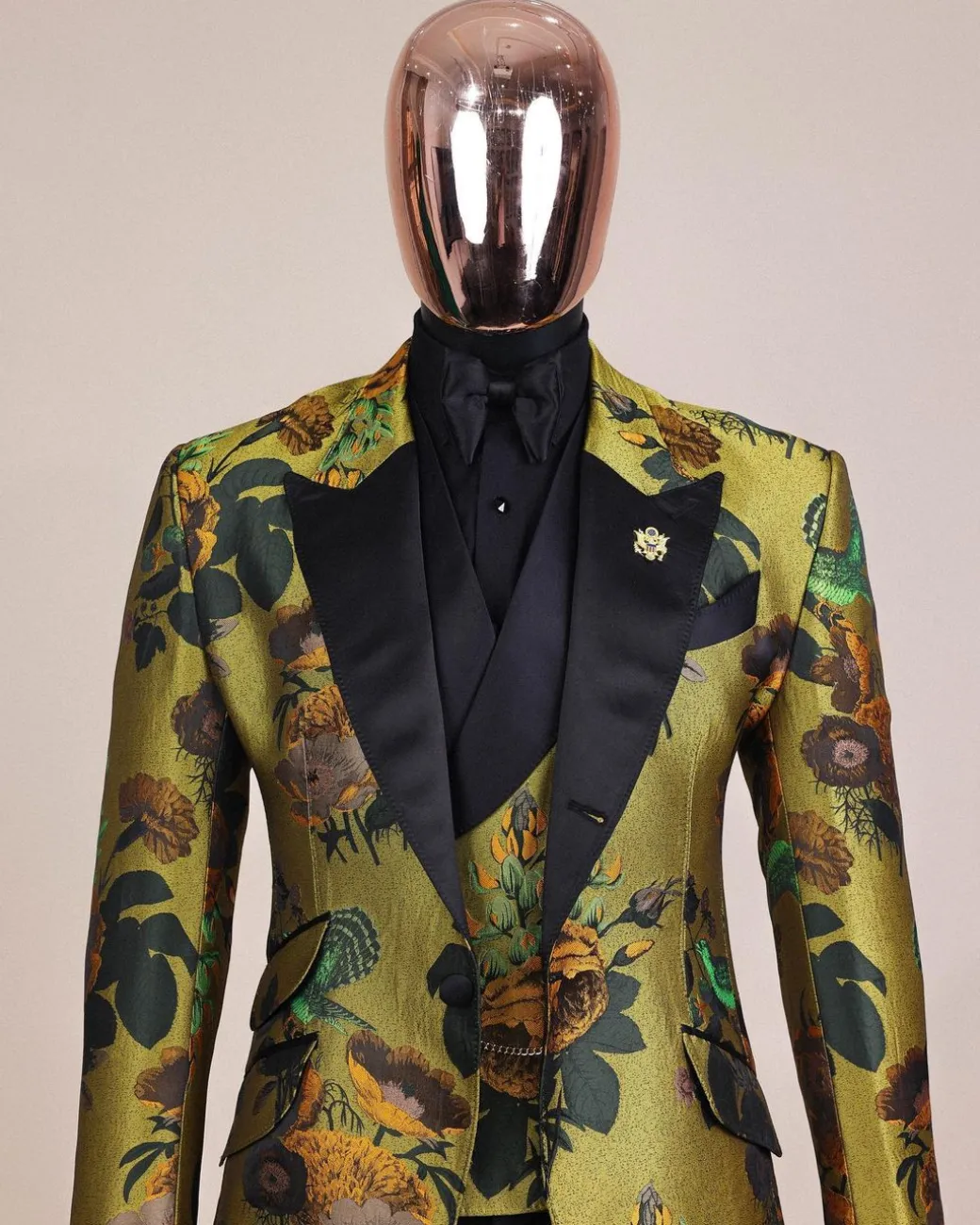 A Light Olive Green, Emerald, Orange, Black Mix Metallic Jacquard, Peak Lapel Tuxedo Suit