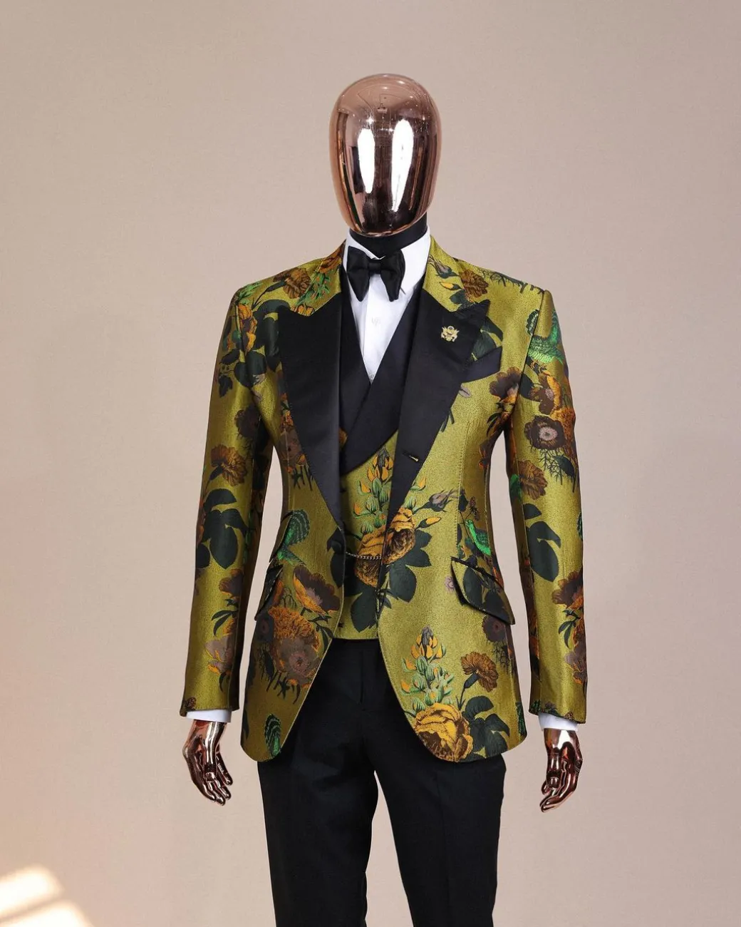 A Light Olive Green, Emerald, Orange, Black Mix Metallic Jacquard, Peak Lapel Tuxedo Suit