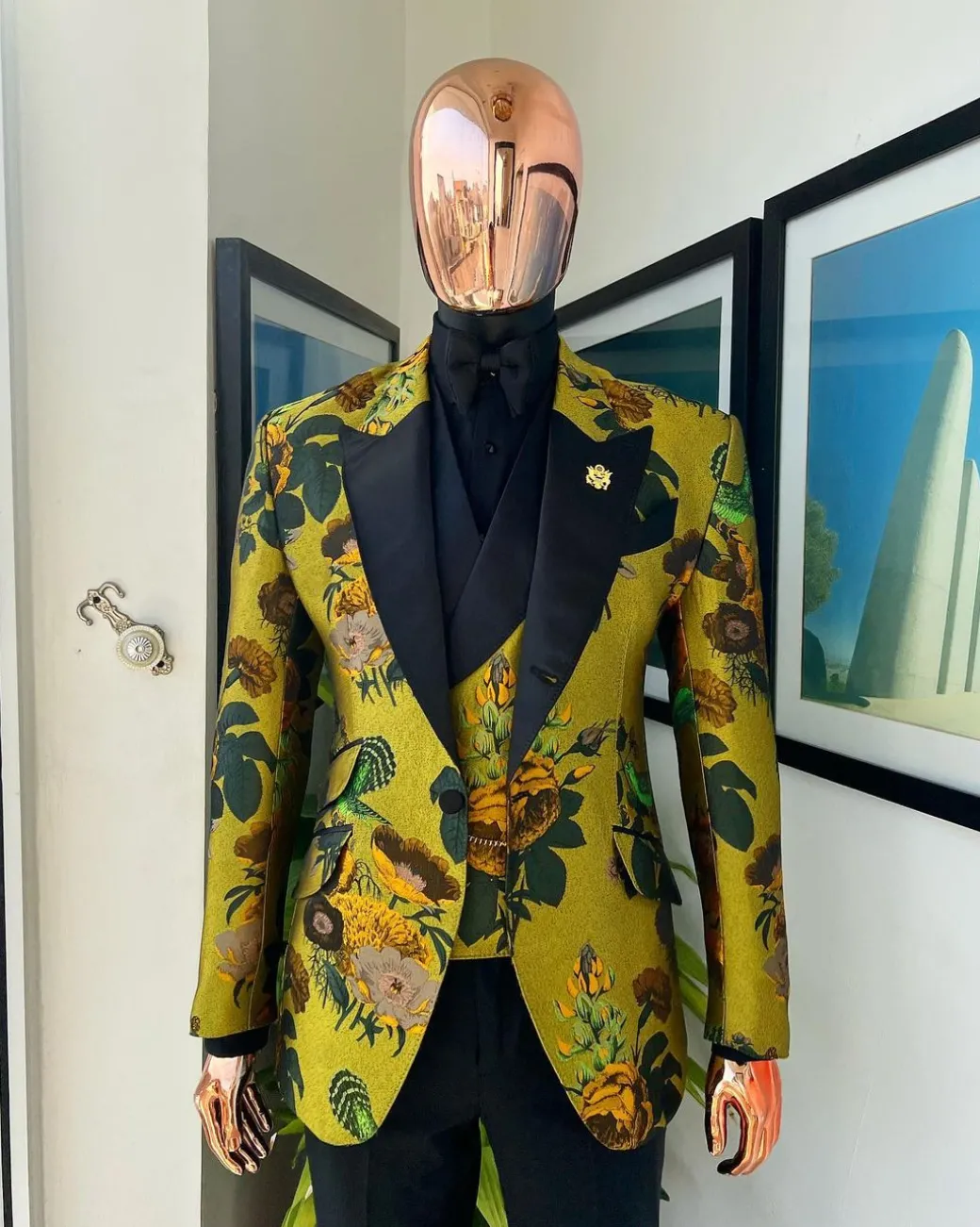 A Light Olive Green, Emerald, Orange, Black Mix Metallic Jacquard, Peak Lapel Tuxedo Suit