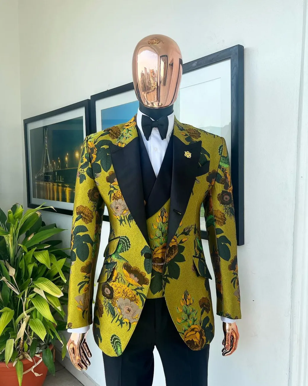 A Light Olive Green, Emerald, Orange, Black Mix Metallic Jacquard, Peak Lapel Tuxedo Suit