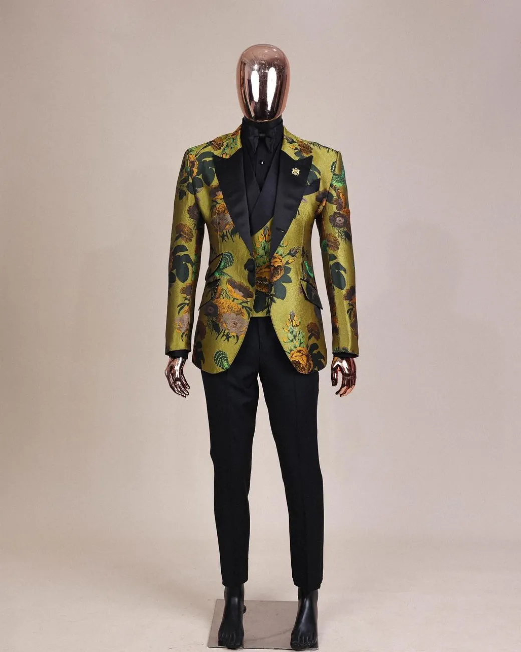 A Light Olive Green, Emerald, Orange, Black Mix Metallic Jacquard, Peak Lapel Tuxedo Suit