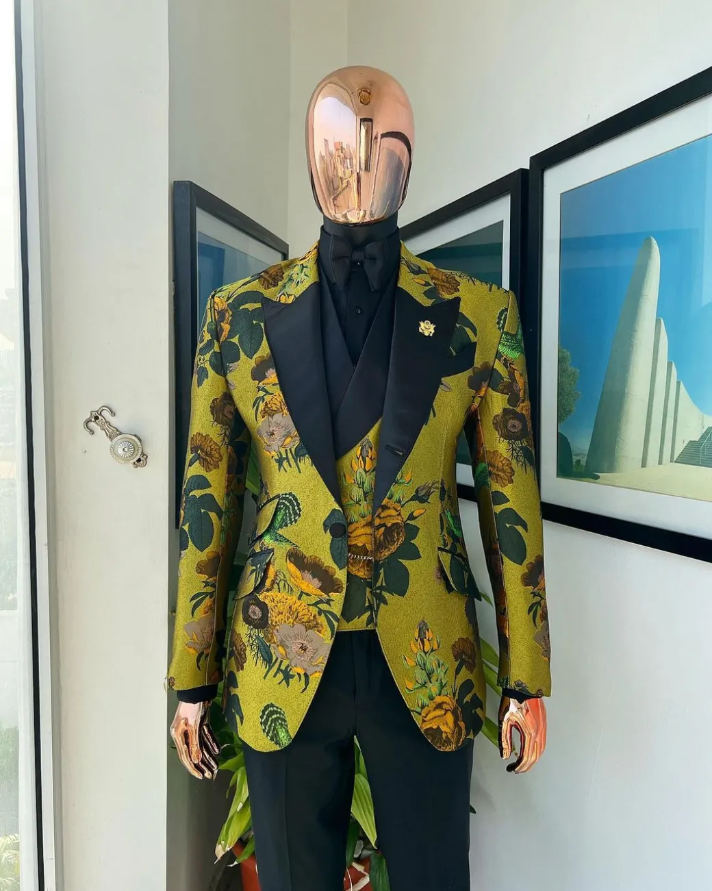 A Light Olive Green, Emerald, Orange, Black Mix Metallic Jacquard, Peak Lapel Tuxedo Suit