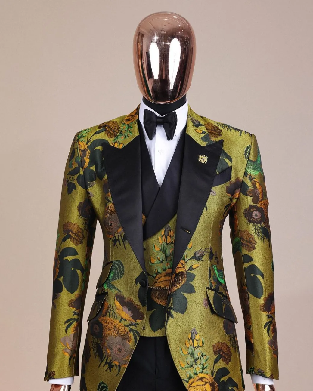A Light Olive Green, Emerald, Orange, Black Mix Metallic Jacquard, Peak Lapel Tuxedo Suit