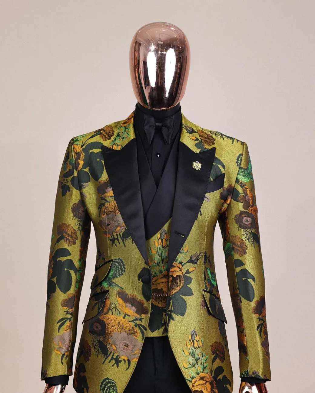 A Light Olive Green, Emerald, Orange, Black Mix Metallic Jacquard, Peak Lapel Tuxedo Suit