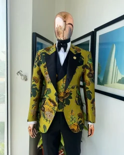 A Light Olive Green, Emerald, Orange, Black Mix Metallic Jacquard, Peak Lapel Tuxedo Suit