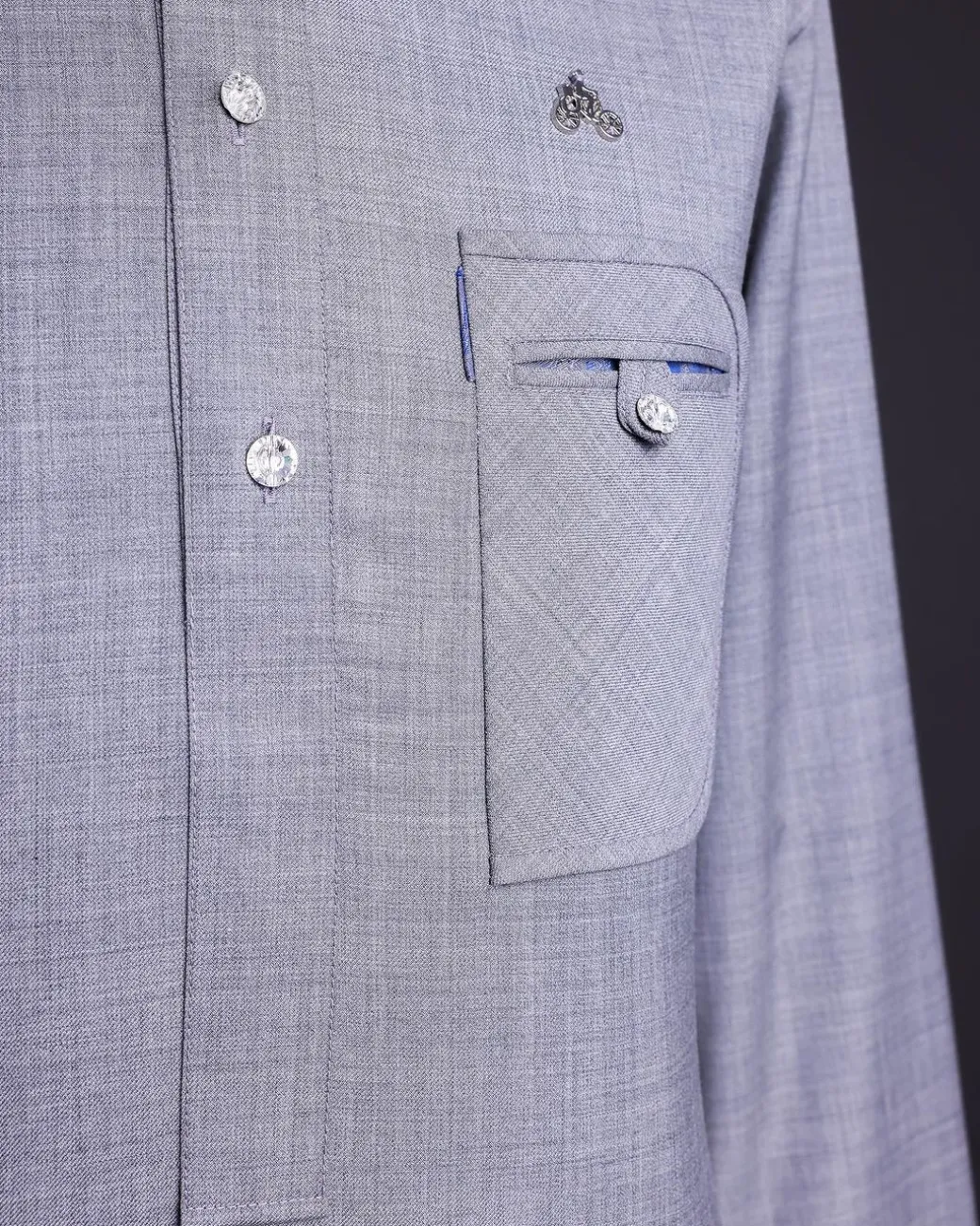 A Light Steel Grey, Super 140s Nobility Curved Combat Pocket with Silver Swarovski Button, Long Sleeve Traditional African Senator Kaftan Native.