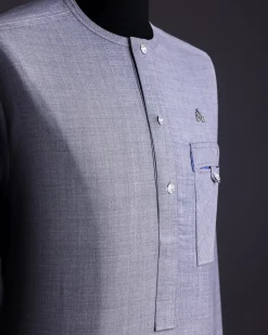 A Light Steel Grey, Super 140s Nobility Curved Combat Pocket with Silver Swarovski Button, Long Sleeve Traditional African Senator Kaftan Native.