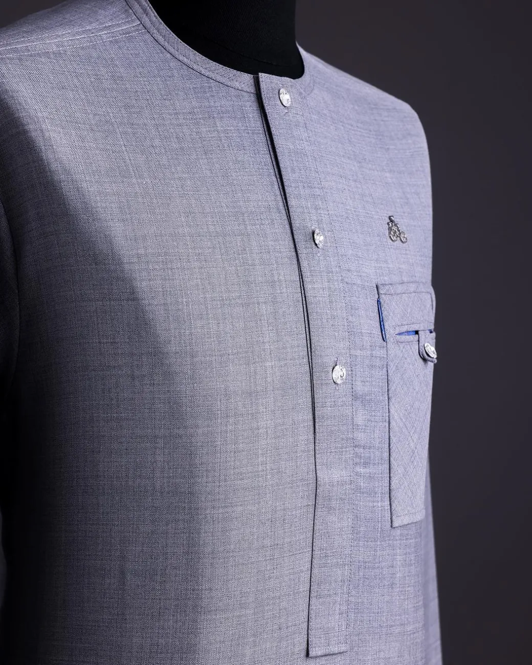 A Light Steel Grey, Super 140s Nobility Curved Combat Pocket with Silver Swarovski Button, Long Sleeve Traditional African Senator Kaftan Native.