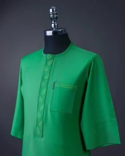 A Lime Green, Front flap with valley embroidery, 3/4 sleeve details African senator kaftan native.