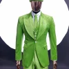 A Lime green “peaky blinders” monochrome velvet, hand knitted peak lapel suit