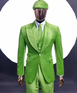 A Lime green “peaky blinders” monochrome velvet, hand knitted peak lapel suit
