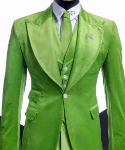 A Lime green “peaky blinders” monochrome velvet, hand knitted peak lapel suit