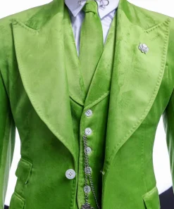 A Lime green “peaky blinders” monochrome velvet, hand knitted peak lapel suit
