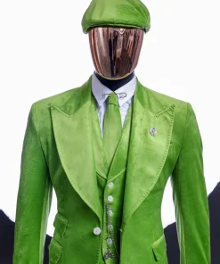 A Lime green “peaky blinders” monochrome velvet, hand knitted peak lapel suit