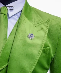 A Lime green “peaky blinders” monochrome velvet, hand knitted peak lapel suit
