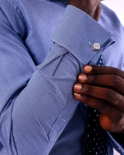 A Linen, Navy blue and white check business shirt.