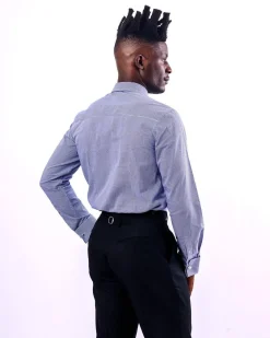 A Linen, Navy blue and white check business shirt.