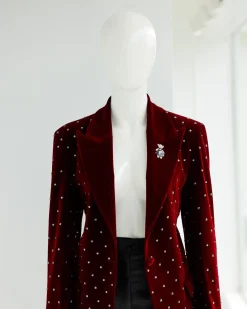 A Lipstick Red, Soaked Velvet Peak Lapel Suit.