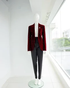 A Lipstick Red, Soaked Velvet Peak Lapel Suit.
