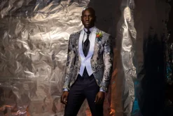 A “Macpherson” Floral Powder Blue and grey front closure Tuxedo Suit