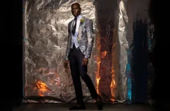 A “Macpherson” Floral Powder Blue and grey front closure Tuxedo Suit