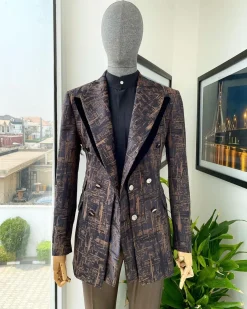 A “Made In Lagos”, Quad peak lapel, triple breasted metallic jacquard blazer suit