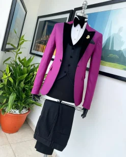 A Magenta, one button, peak lapel tuxedo jacquard suit.