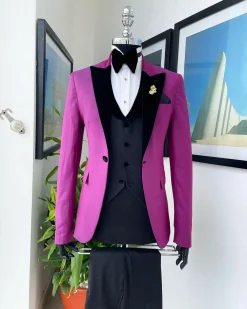 A Magenta, one button, peak lapel tuxedo jacquard suit.