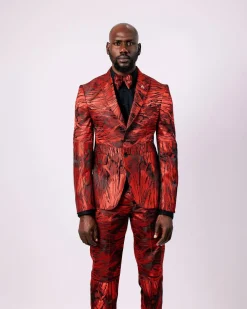 A Mahogany Red “Black Tears” Inverted Pattern Peak Lapel Jacquard Suit