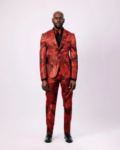 A Mahogany Red “Black Tears” Inverted Pattern Peak Lapel Jacquard Suit