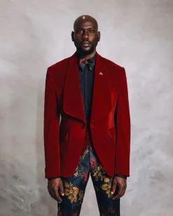 A Mahogany Red “Downtown” Velvet Shawl Lapel Suit