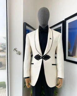 A “Mandarin” Circle Pattern Ivory white shawl lapel jacquard Suit
