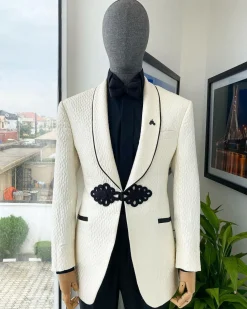 A “Mandarin” Circle Pattern Ivory white shawl lapel jacquard Suit