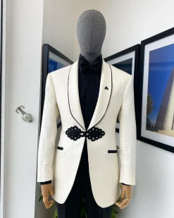 A “Mandarin” Circle Pattern Ivory white shawl lapel jacquard Suit