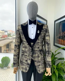 A “Mandarin” Dispersed Black and Gold Peak Lapel Suit
