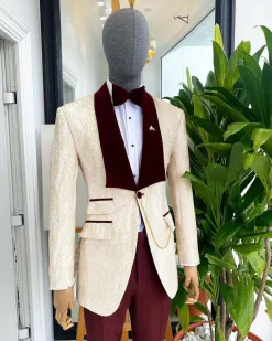 A “Mandarin” dispersed gold ruffle pattern burgundy shawl lapel jacquard suit